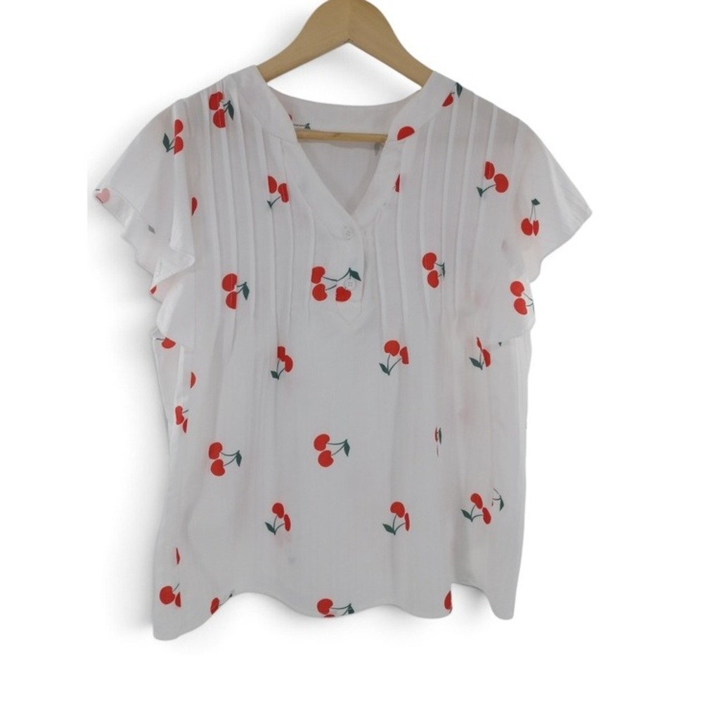 SHEIN Blouse Women XL White Cherry Print Flutter Sleeve Pintuck Pleated Top